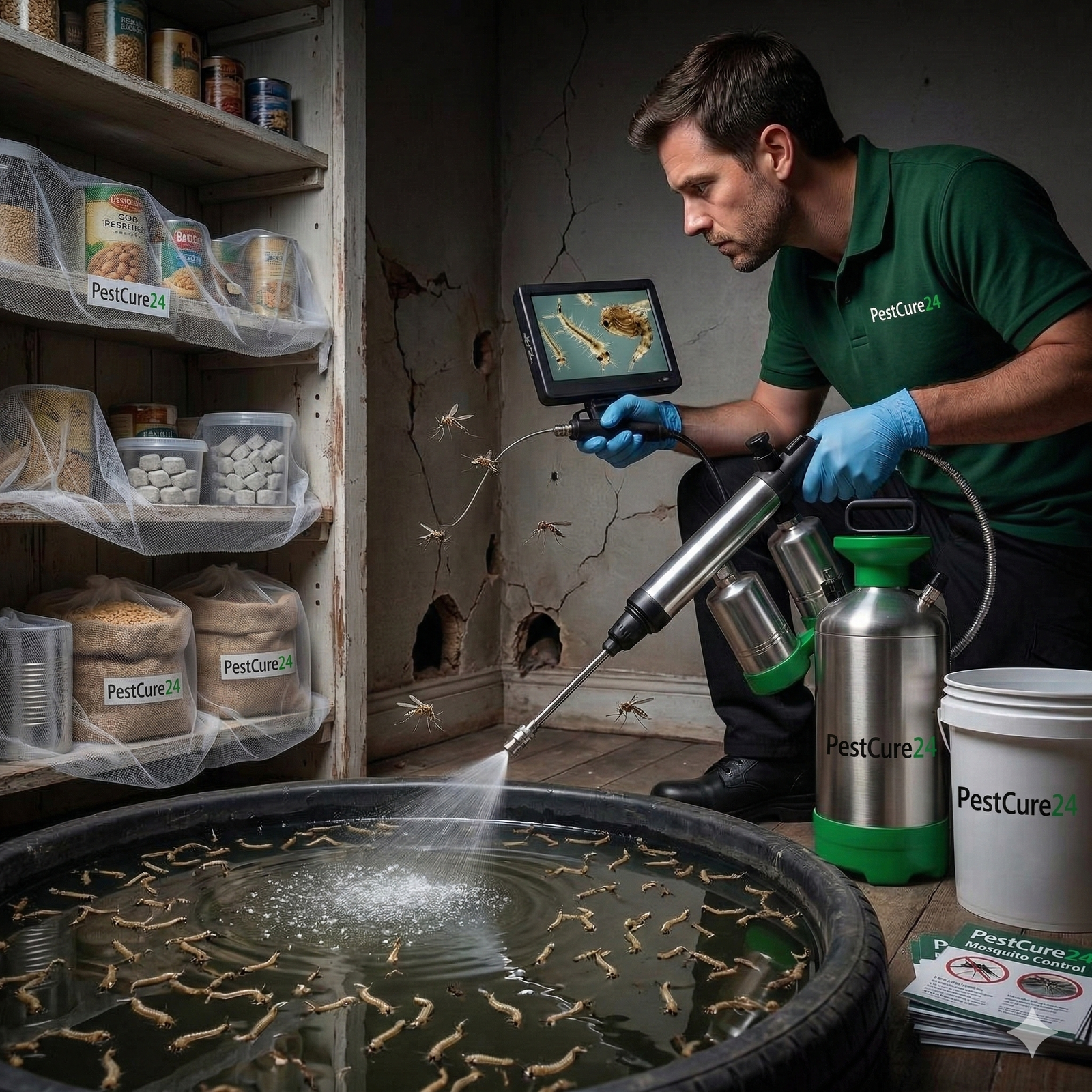 Fogging, larviciding & breeding-site elimination for a bite-free space.